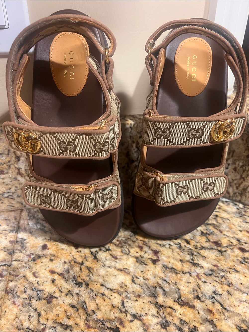 Gucci Beige Brown GG Canvas Double-Strap Sandals with Gold Hardware